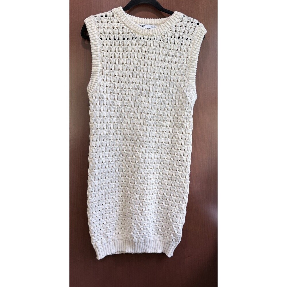 Zara Women L Cream Open Knit Sleeveless Sweater Vest Tunic Long Crochet Cover Up